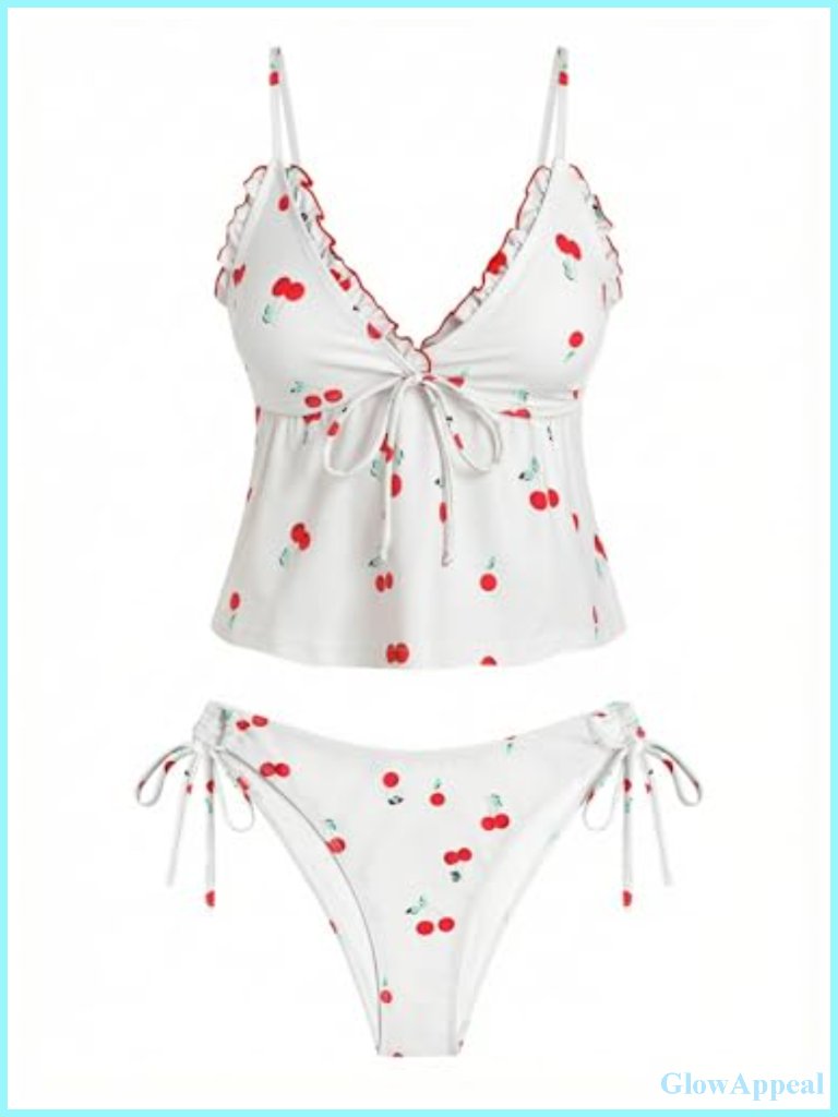 Tummy Control Tankini Set V Neck Ruffle Trim Tie Side Two Piece Bathing Suit